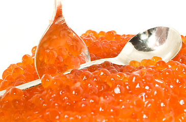 Image showing Close-up of Red caviar and silver spoons
