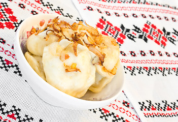 Image showing Ukrainian vareniki or dumplings with fried onion