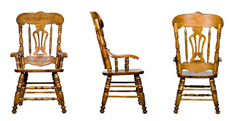 Image showing Collage of 3 antique wooden chair views (isolated)