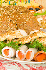 Image showing Banquet in the restaurant. Balyk, chops and bread