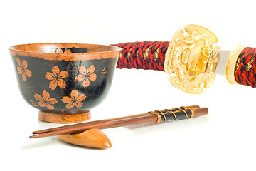 Image showing Japanese culture. Katana, Chopsticks and bowl