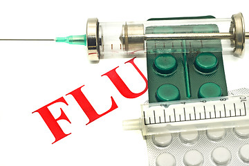 Image showing Swine FLU H1N1 disease alert - pills and syringe