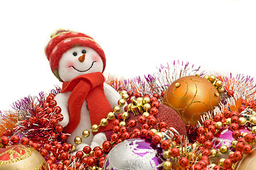 Image showing Xmas is here - Funny white snowman and decoration balls