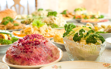 Image showing Salads and dishes. Banquet in the restaurant