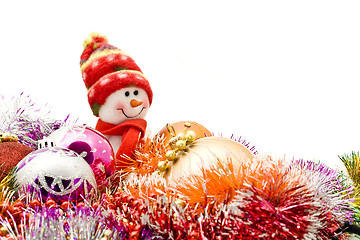 Image showing Funny snowman and decoration balls 