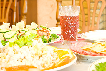 Image showing Canape and juice. Banquet in the restaurant