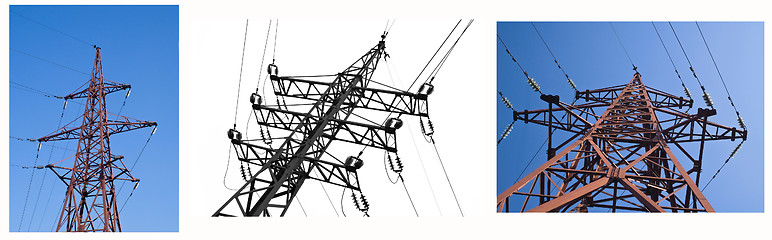 Image showing Collage of electric line views over blue sky and white