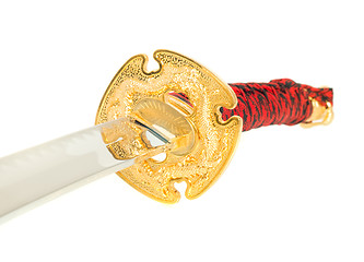 Image showing Closeup of katana sword handle and blade