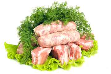 Image showing Pork meat, Sausages and dill on green salad