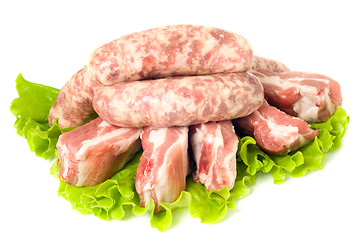 Image showing Five Pieces of Pork meat and Sausages