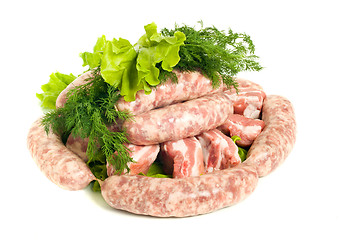 Image showing Pieces of Pork meat and Sausages