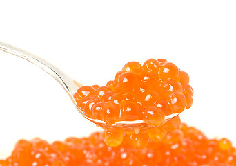 Image showing Close-up of silver spoon with Red caviar