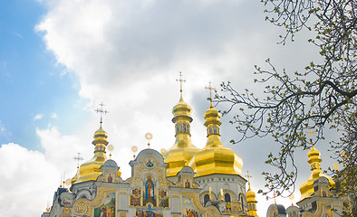 Image showing  Laura in spring. Golden domes over cloudy sky