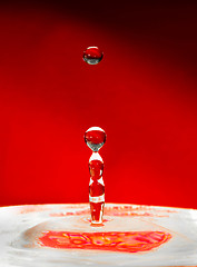 Image showing Falling drops of water over red