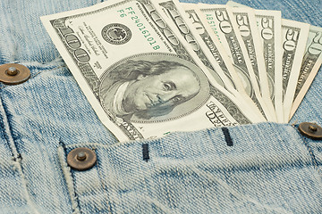 Image showing Money in jeans pocket - dollars 