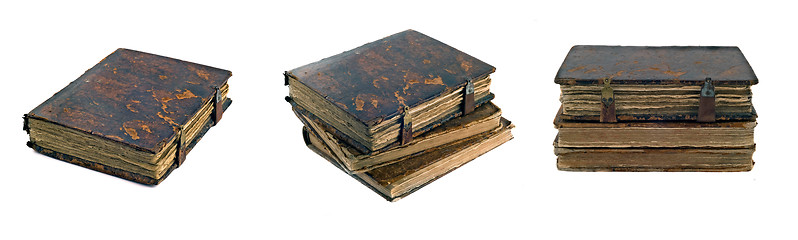 Image showing Collage of Stack of old obsolete books views over white