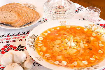 Image showing Ukrainian food - borsch, vodka, bread