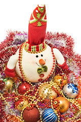 Image showing Xmas greetings - Funny white snowman and decoration balls