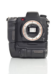 Image showing Front view of professional Dslr camera body with vertical grip