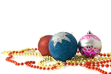 Image showing Christmas greeting - red, blue and pink balls 