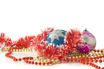 Image showing Christmas greetings - decoration baubles and tinsel