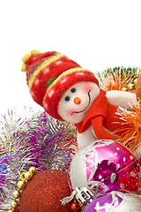 Image showing Xmas greetings - Funny white snowman and decoration balls