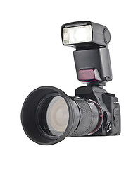 Image showing Professional camera with telephoto lens and flash