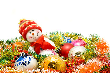 Image showing Christmas comes - Funny snowman and decoration baubles 