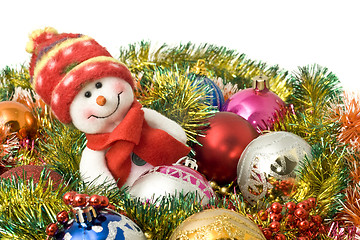 Image showing Christmas greeting - Lovely snowman and decoration balls