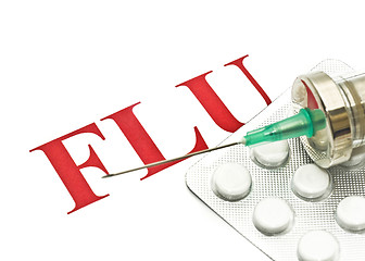Image showing Swine FLU H1N1 - Closeup of pills and syringe