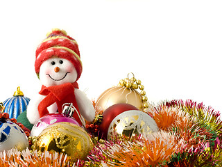 Image showing Christmas snowman and decoration baubles