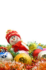 Image showing Christmas card - Lovely snowman and decoration balls