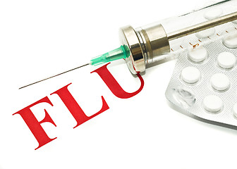 Image showing Swine FLU H1N1 - alert, old-fashioned syringe and pills