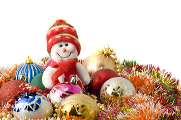 Image showing Christmas greeting - Funny white snowman and decoration balls