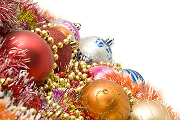 Image showing Christmas greetings - colorful decoration balls and beads