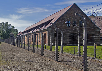 Image showing Wire fence and barrack in A uschwitz - Birkenau concentration ca