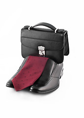 Image showing Tie, pochette and Pair of men's classic leather shoes isolated