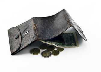 Image showing Opened frayed leather wallet with one dollar bond and change