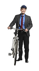 Image showing happy worker with bicycle