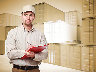 Image showing worker and 3d container background