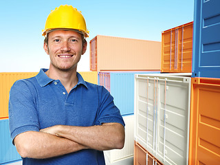 Image showing worker and 3d container background