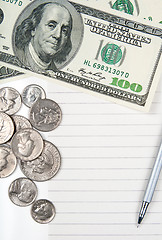 Image showing Empty lined paper, money and pen