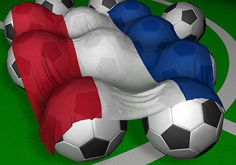 Image showing 3D-rendering Serbia and Montenegro flag and soccer-balls