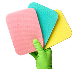 Image showing Few washing sponges in hand