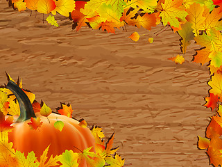 Image showing Autumn background with Pumpkin on wooden board.