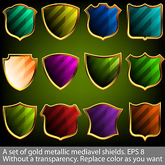 Image showing A set of gold metallic mediavel shields. EPS 8