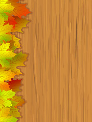 Image showing Fall coloured leaves & wooden background. EPS 8