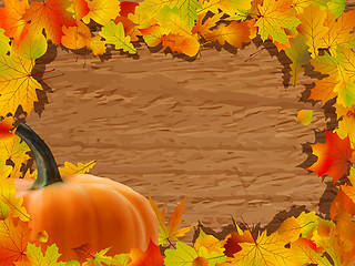 Image showing Autumn background with Pumpkin on wooden board.