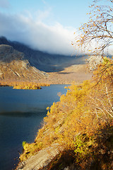 Image showing Coast mountain lake and autumn forest