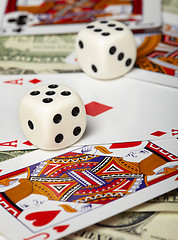 Image showing Dice against of playing cards and money